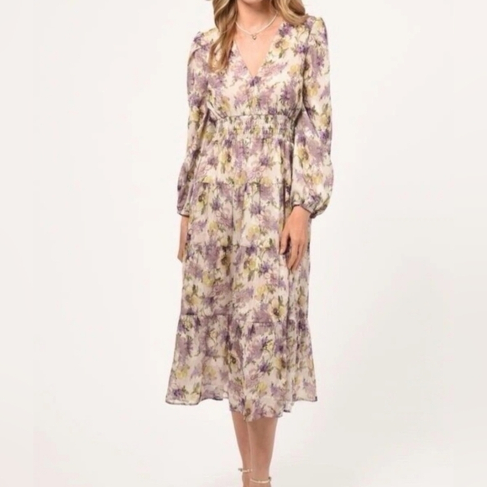 Adelyn Rae Leah Lavender Green Floral Open Back Tiered Midi Dress Sz Small NWT